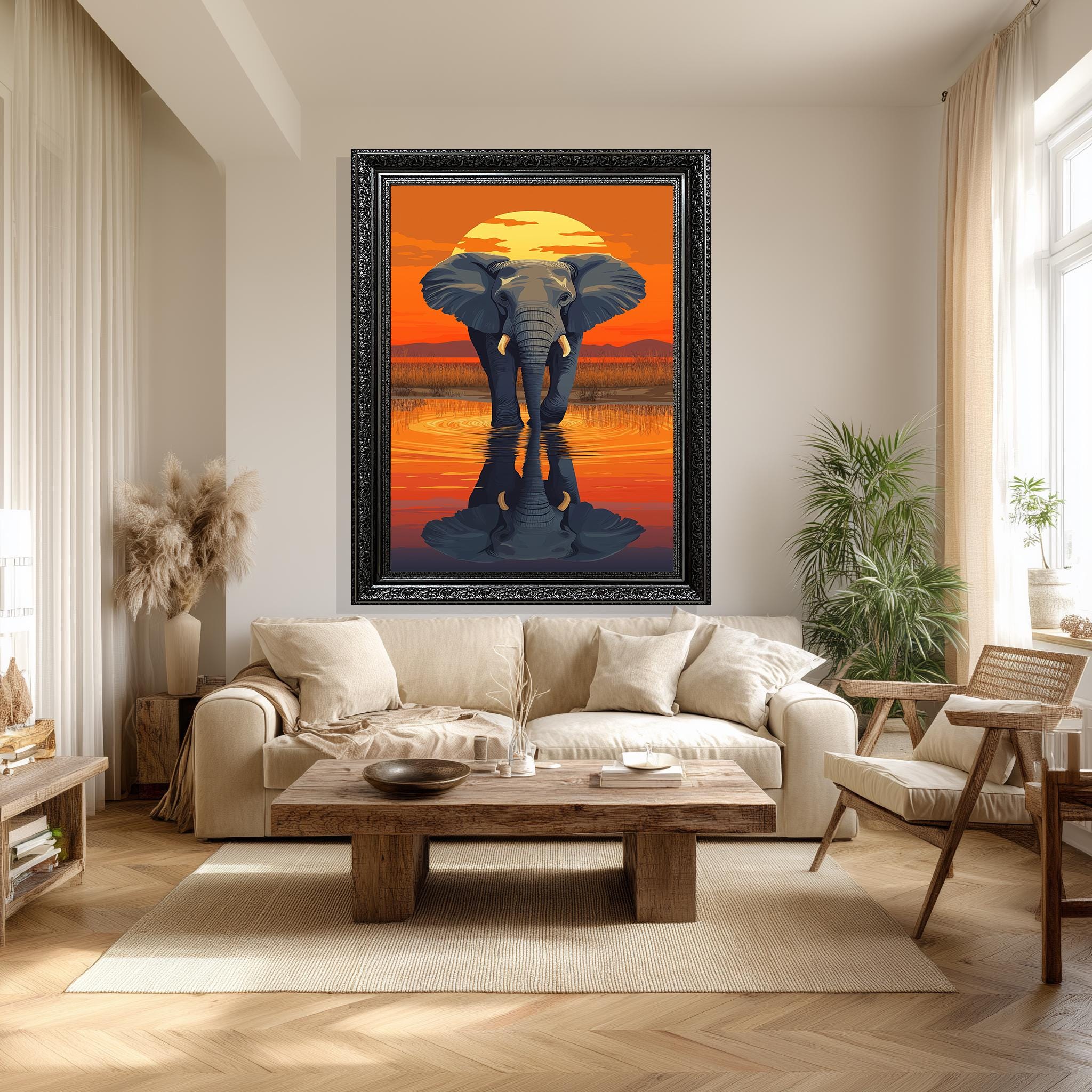 Elephant Canvas Wall Art – Majestic African Wildlife Sunset Reflection Print