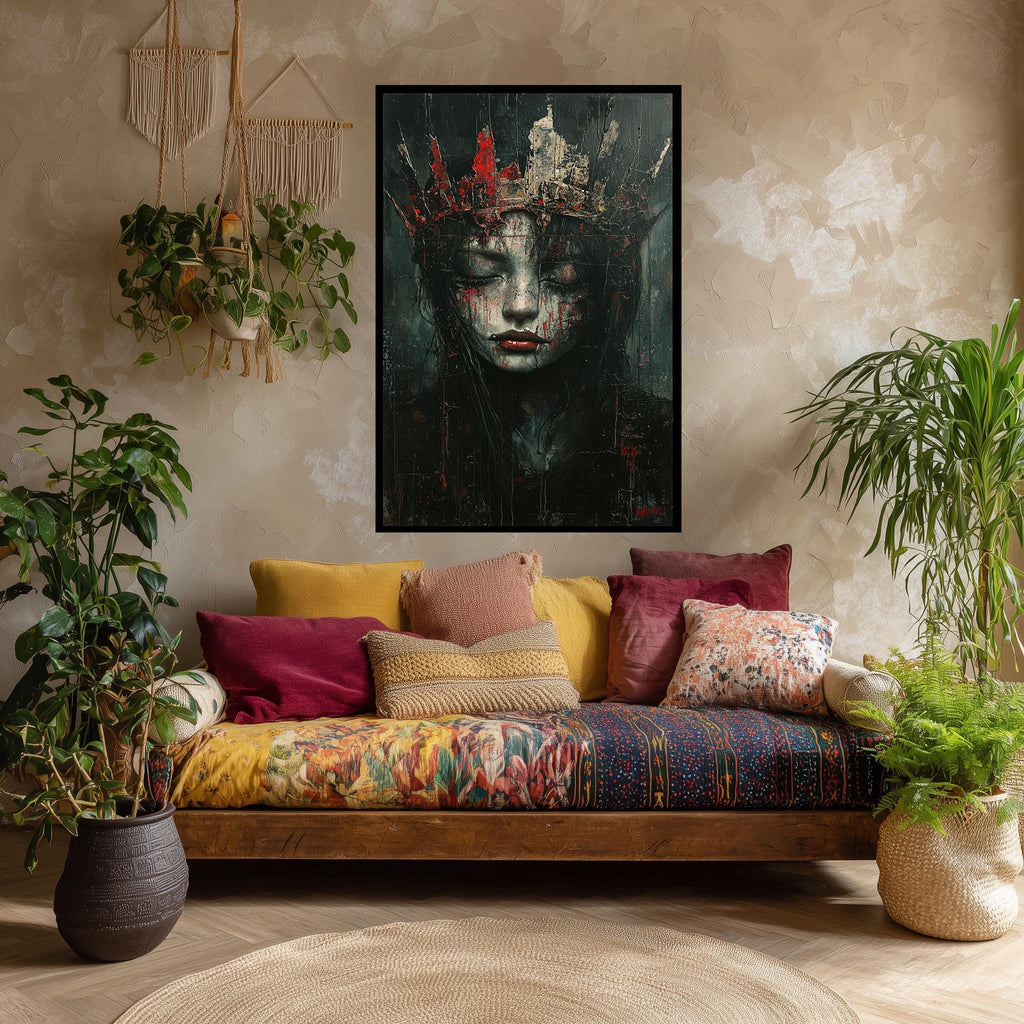 Gothic Queen Canvas Print – Dark Fantasy Art With Broken Crown & Textured Face