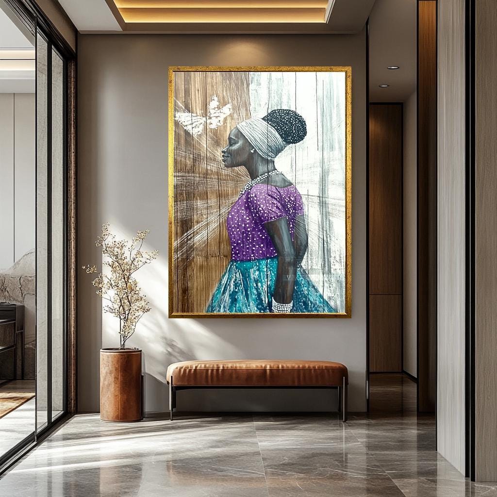 African Women Wall Art – Elegant Female Portrait Painting on Black Woman Canvas