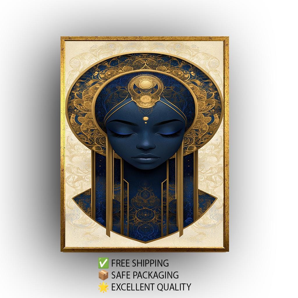 Divine Feminine Canvas Print – Afrocentric Wall Art With Blue Gold Detailing