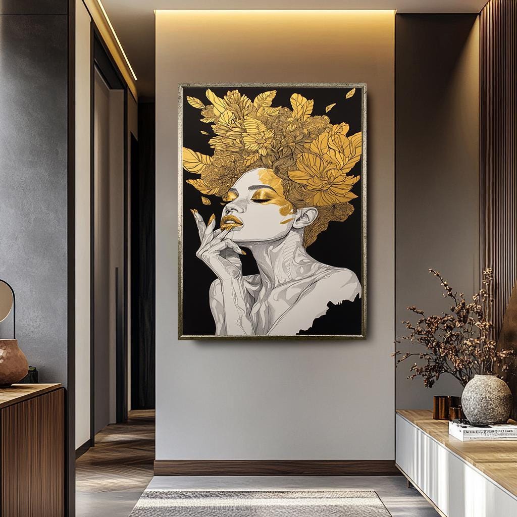 Women Wall Art - Gold Floral Canvas Abstract | Luxury Female Portrait Print
