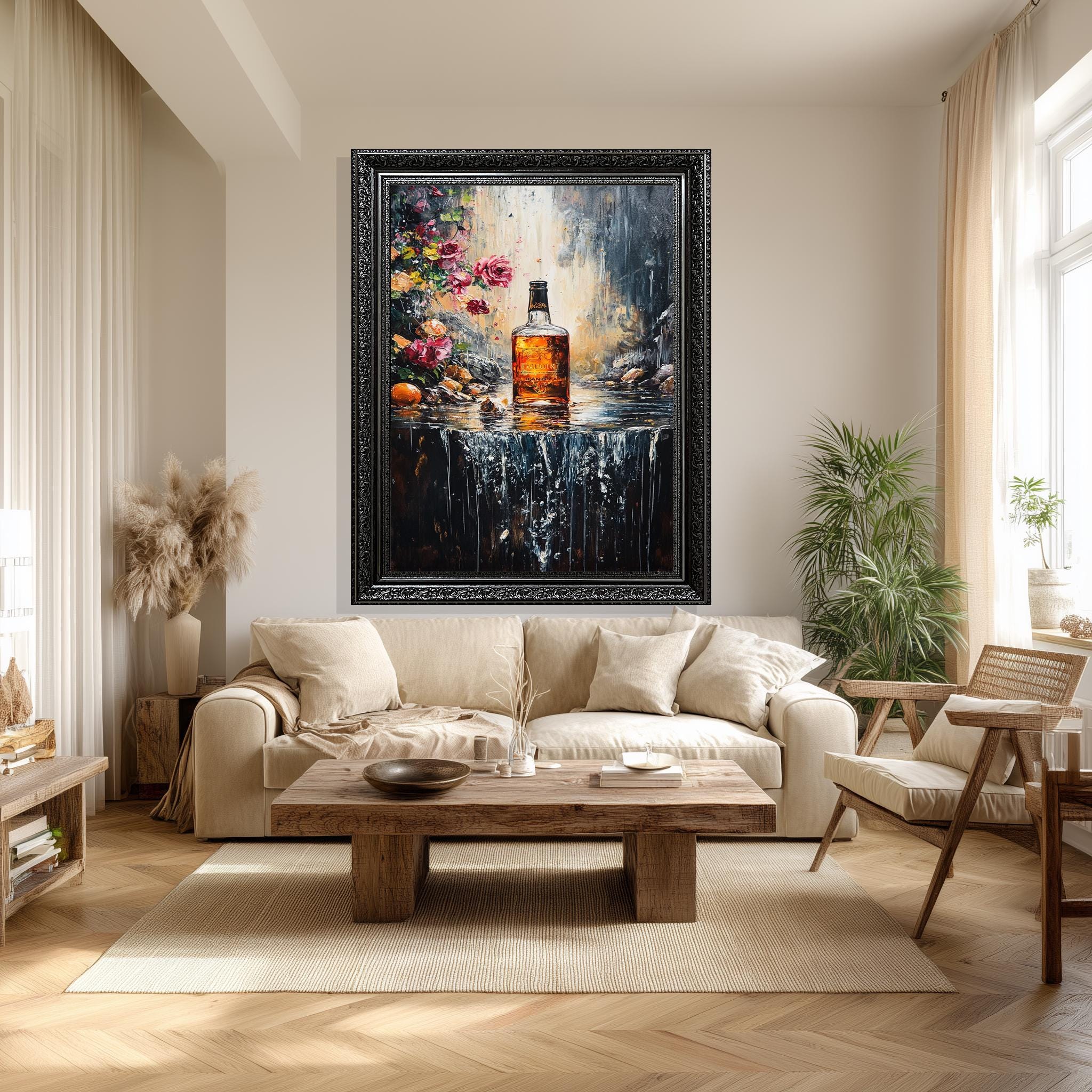 Whiskey Bottle Wall Art – Floral Canvas Print With Waterfall, Romantic Bar Artwork