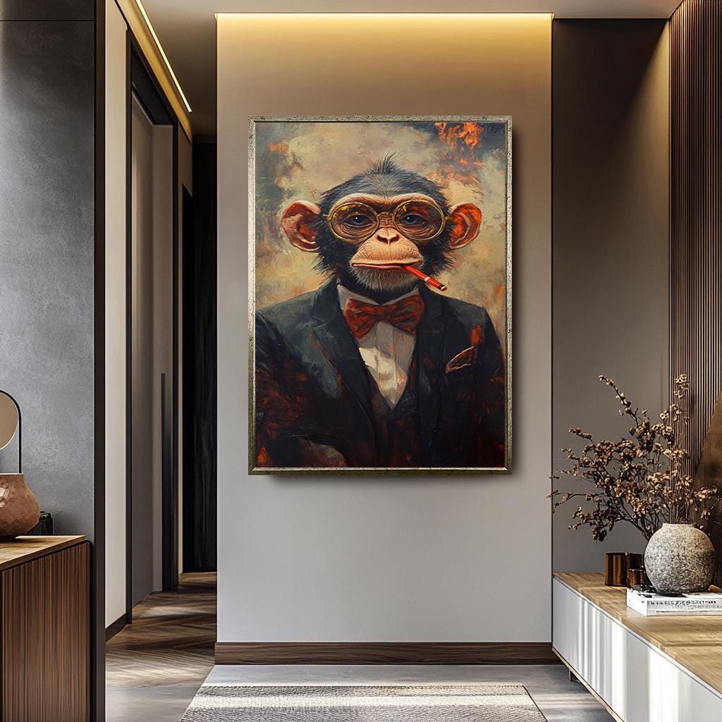 Monkey Wall Art – Vintage Animal Portrait Canvas Featuring Smoking Chimpanzee Print