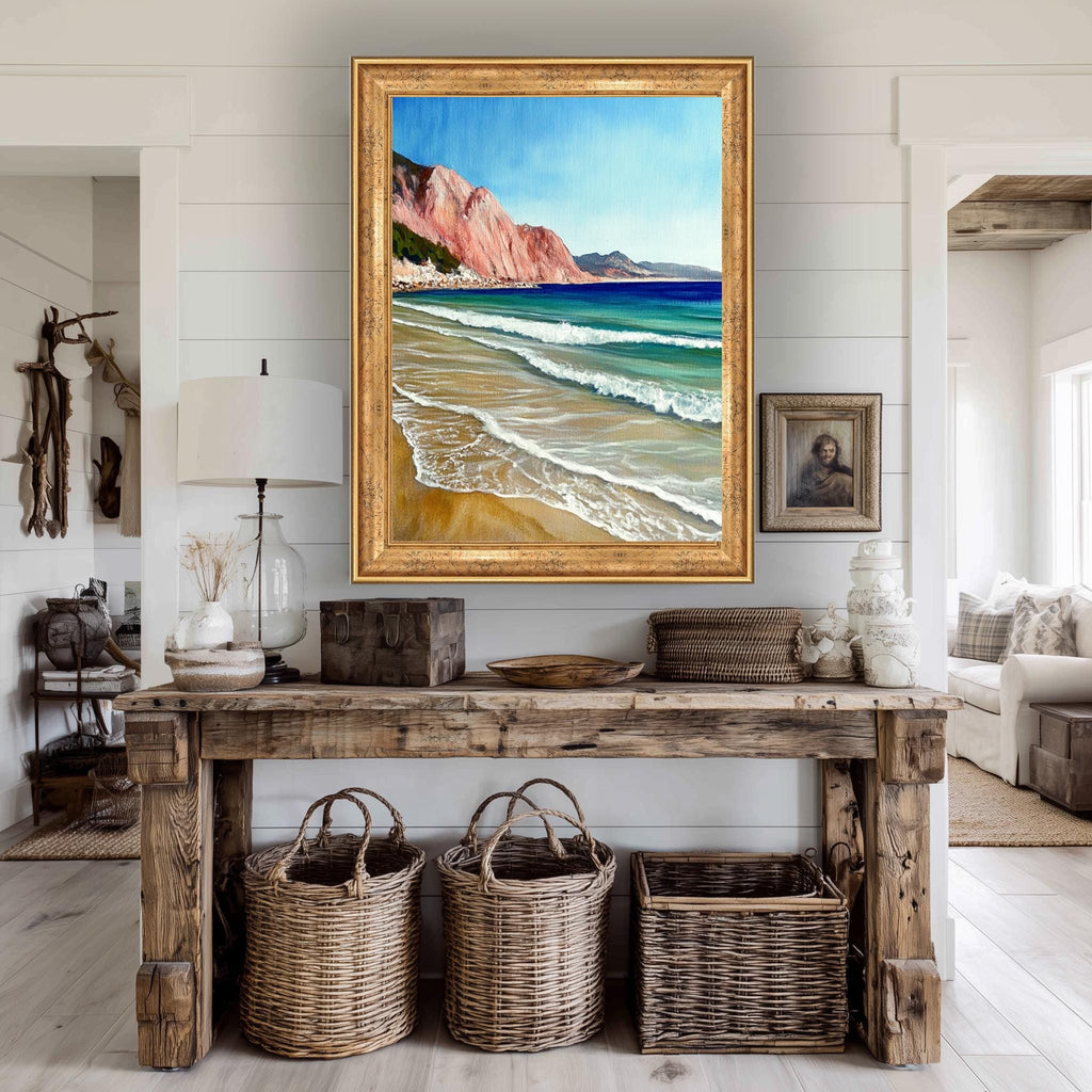 Beach Canvas Wall Art – Coastal Turquoise Sea Waves & Pink Cliffs Print