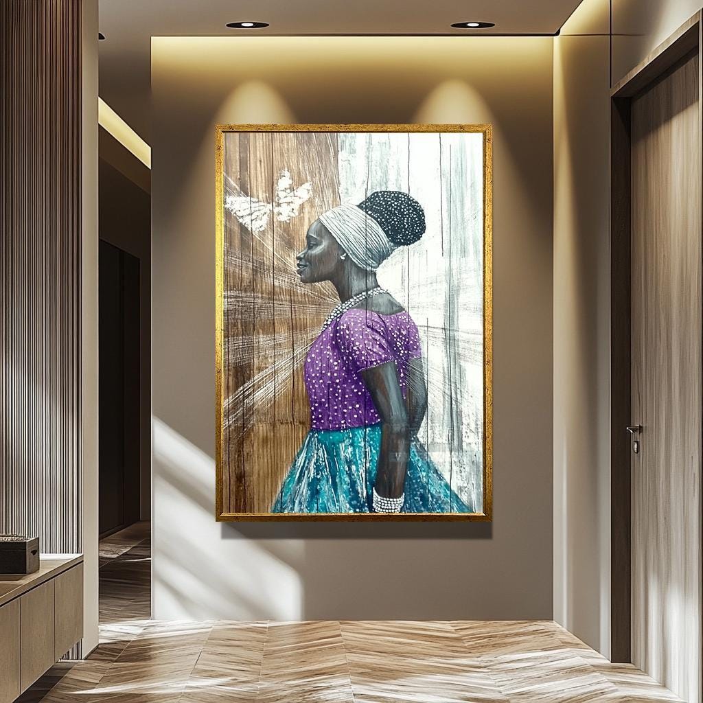 African Women Wall Art – Elegant Female Portrait Painting on Black Woman Canvas