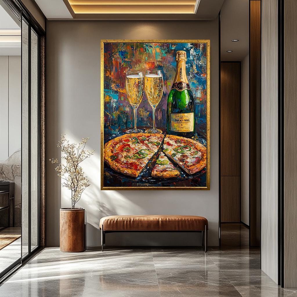 Champagne Pizza Canvas - Colorful Kitchen Wall Art | Bold Impressionist Print
