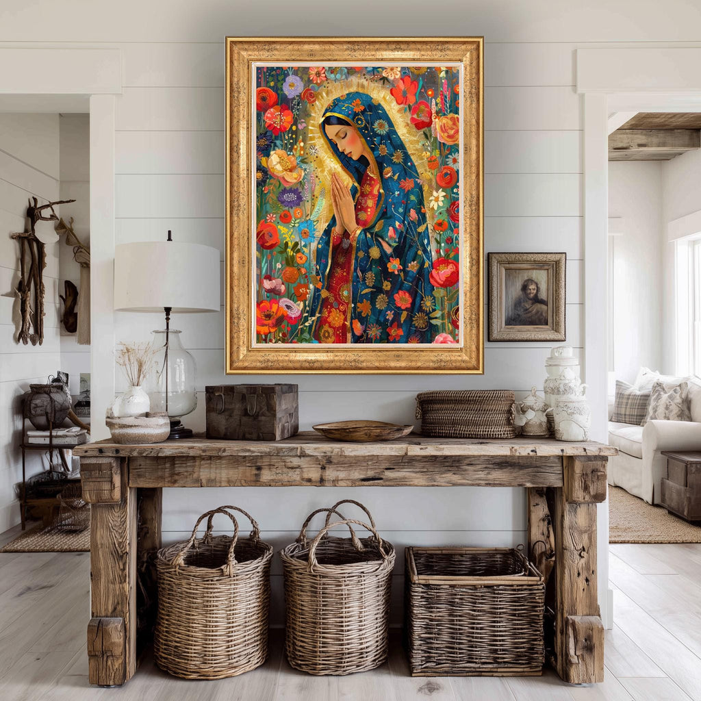 Virgin Mary Canvas Art – Floral Catholic Wall Decor with Gold Accent Canvas Print