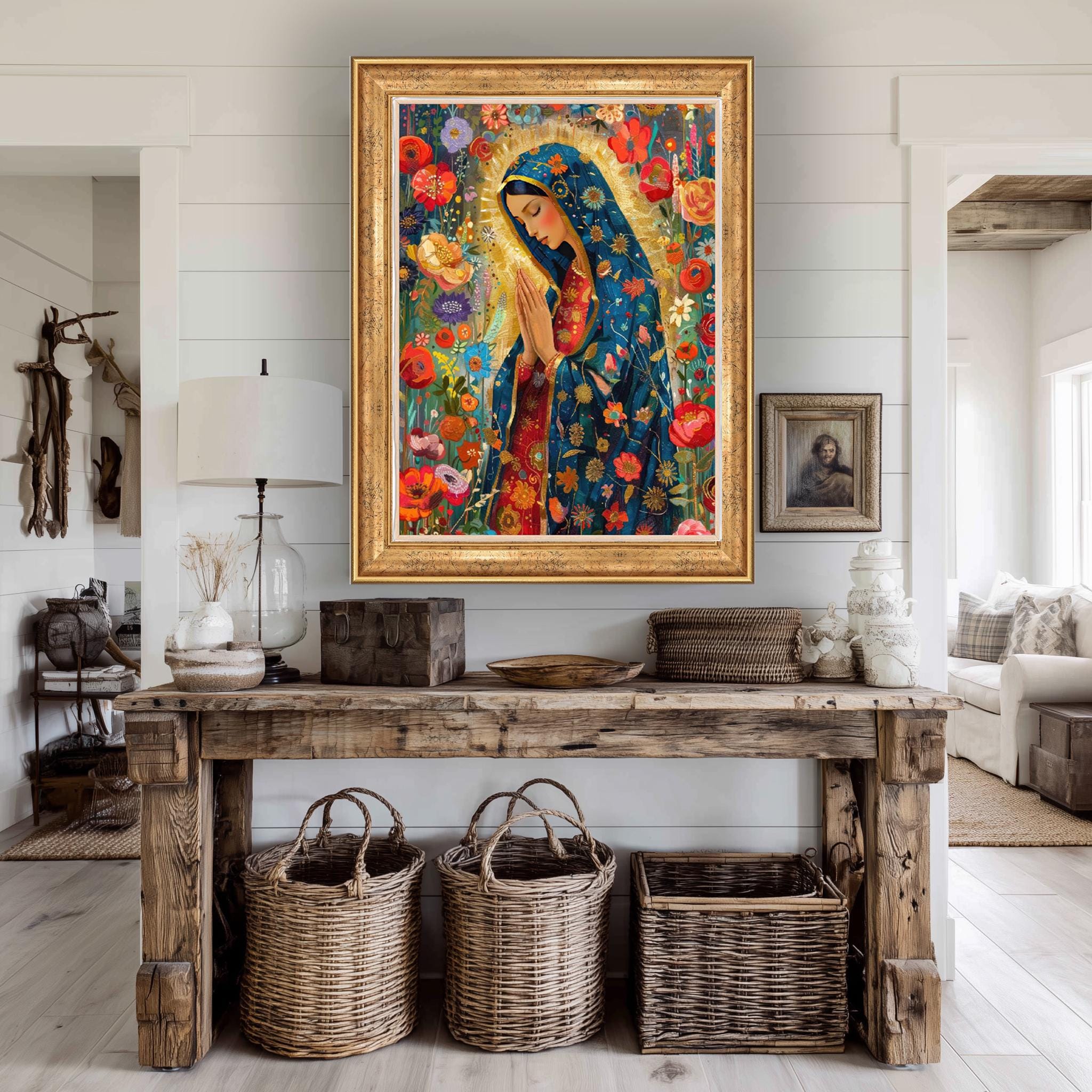 Virgin Mary Canvas Art – Floral Catholic Wall Decor with Gold Accent Canvas Print
