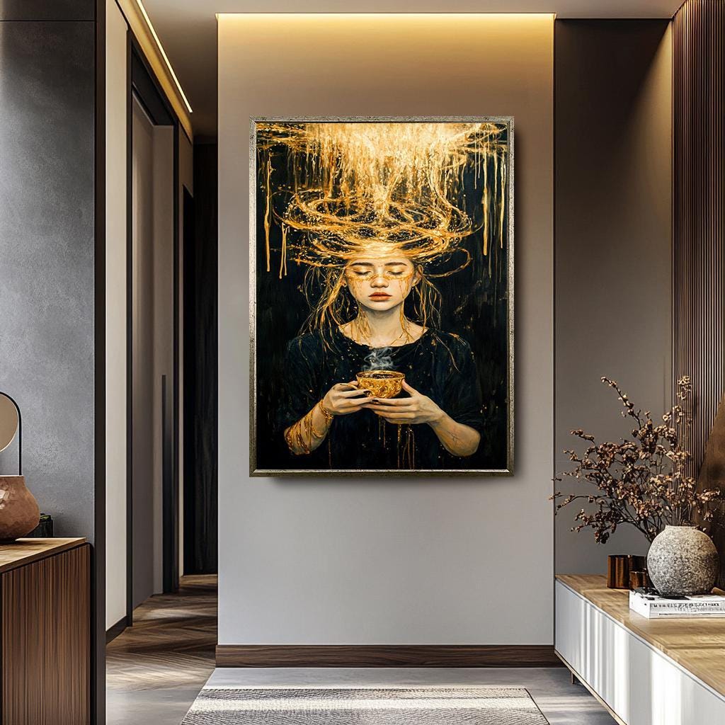 Abstract Woman Wall Art – Luxurious Black and Gold Canvas Female Portrait Print