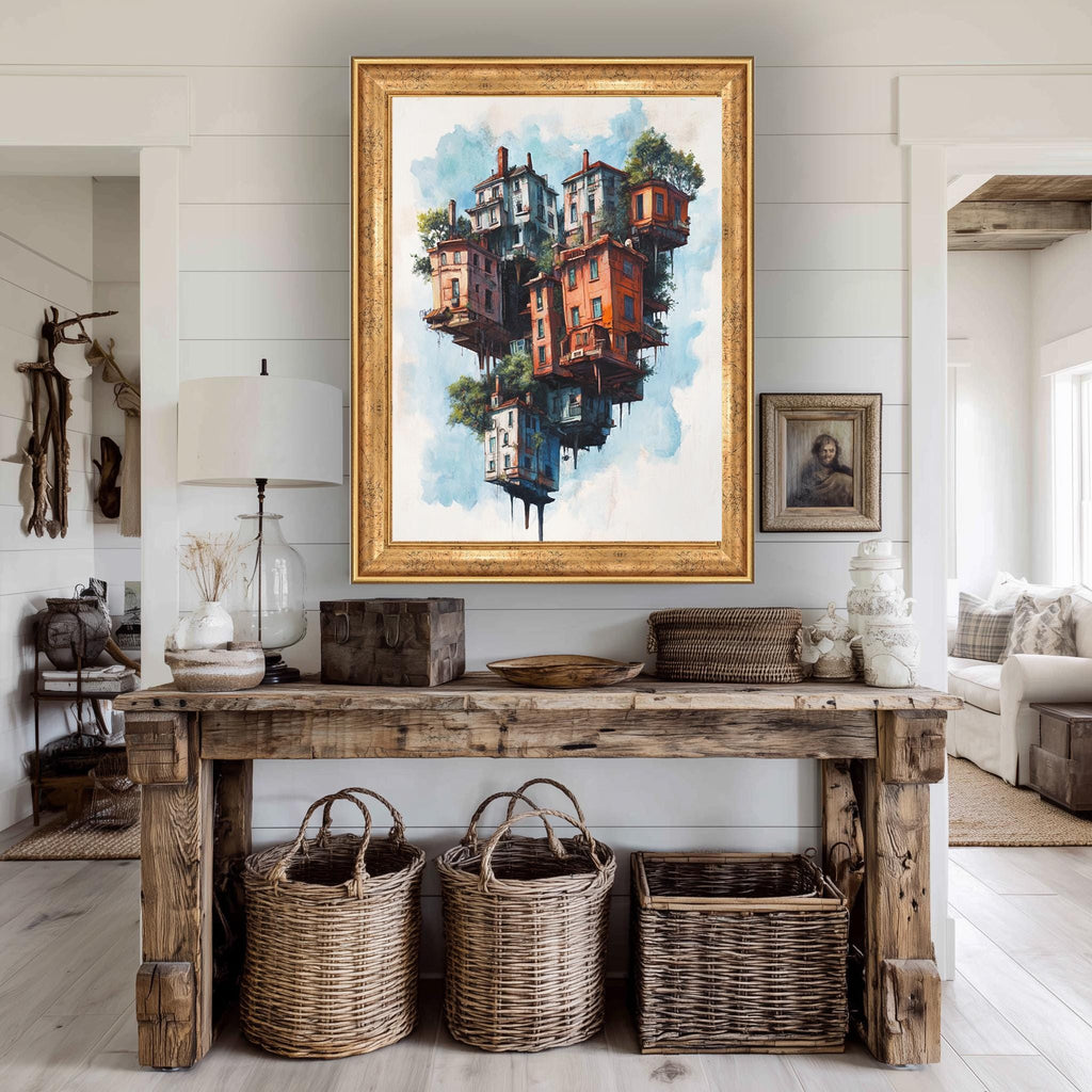 Floating Houses Canvas Art – Surreal Architecture Print With Colorful Sky Island