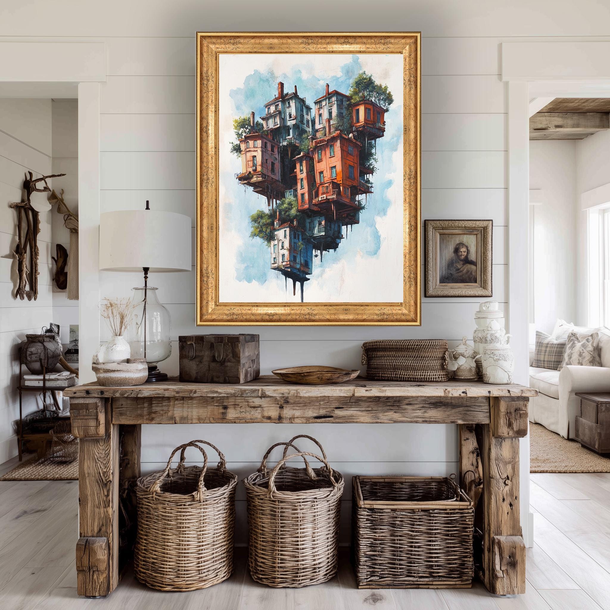 Floating Houses Canvas Art – Surreal Architecture Print With Colorful Sky Island