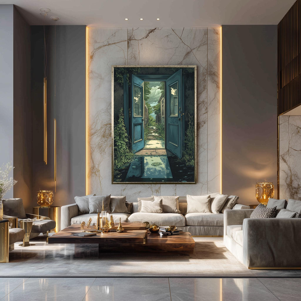 Surreal Open Door Art – Enchanted Door Canvas with Dreamlike Wall Decor & Mystical Garden Print