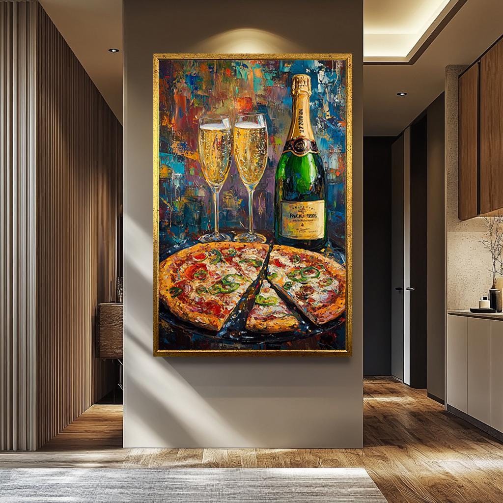 Champagne Pizza Canvas - Colorful Kitchen Wall Art | Bold Impressionist Print
