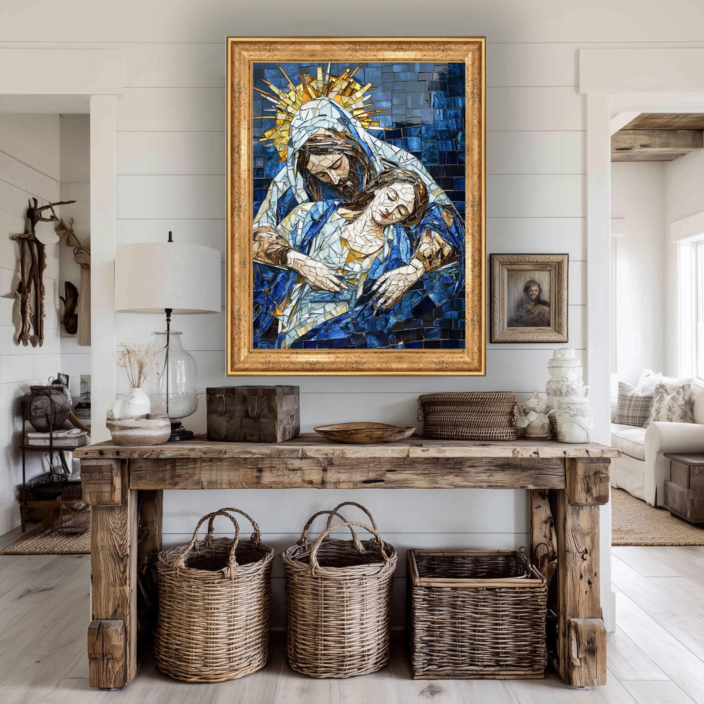 Byzantine Religious Canvas | Mosaic Style Pietà Print - Blue Gold Christian Wall Decor