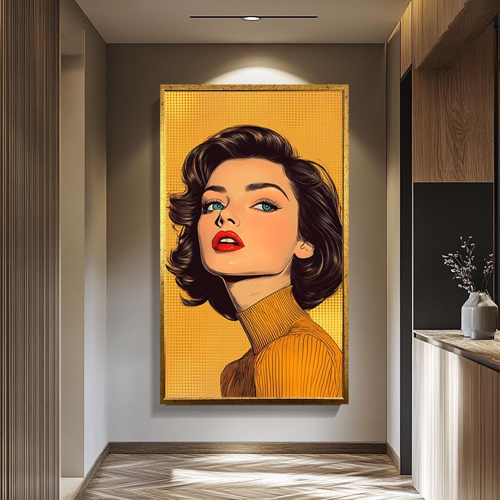 Pop Art Woman Canvas - Retro Wall Art With Bold Fashion Decor & Yellow Background Print