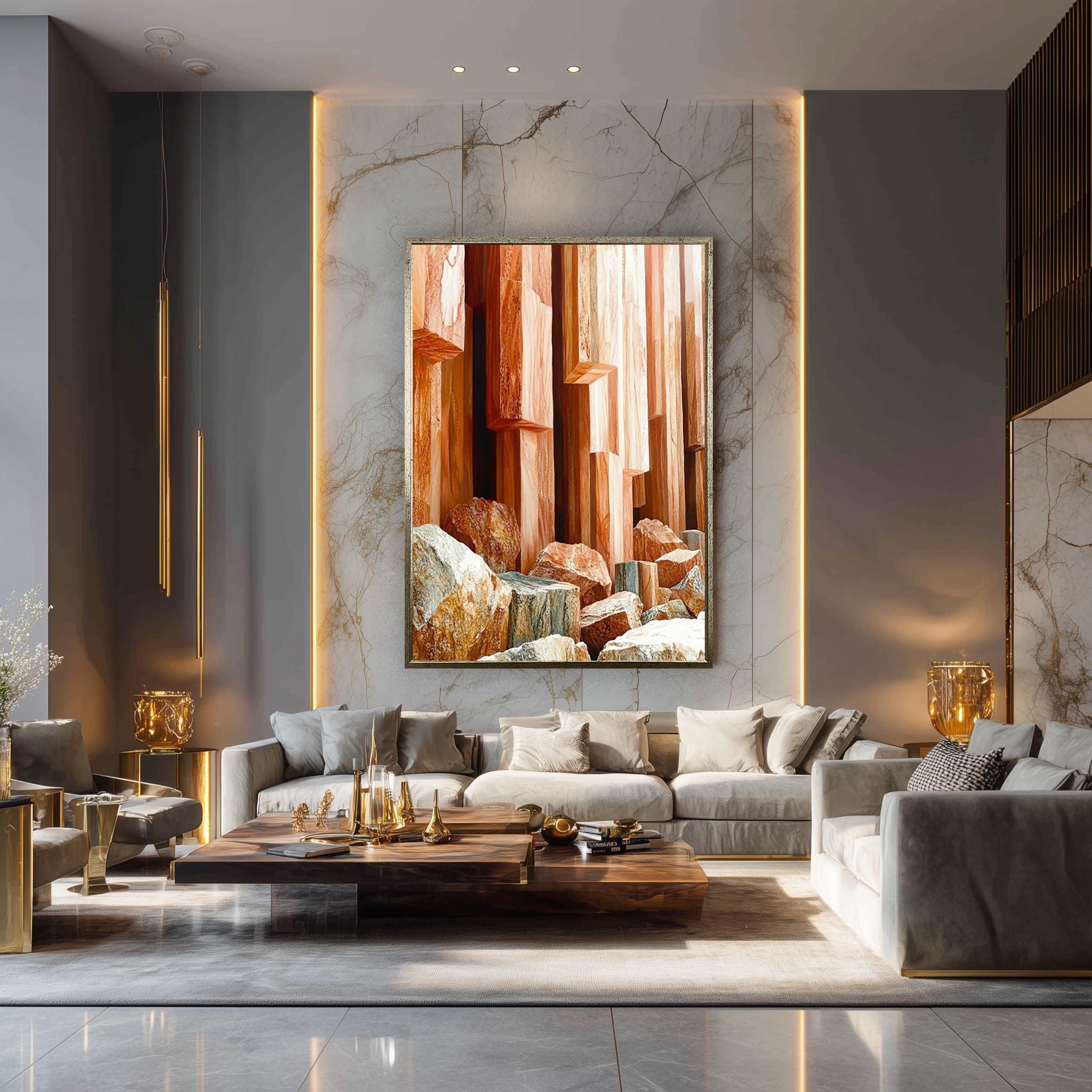 Natural Stone Wall Art – Geometric Rock Art Canvas Print in Warm Earth Tones