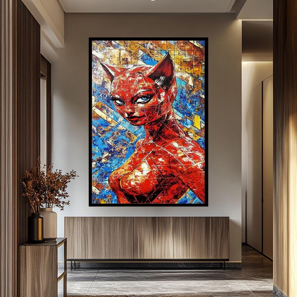 Pop Art Wall Art – Abstract Cat-Inspired Canvas Painting | Vibrant Colorful Decor