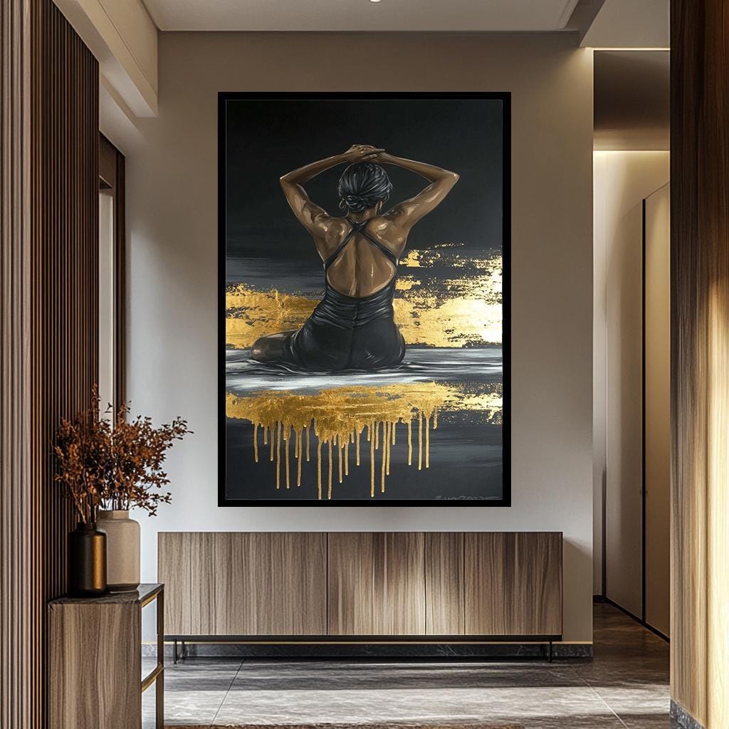Black Woman Wall Art – Gold Leaf Canvas | Modern Female Painting | Textured Canvas Print