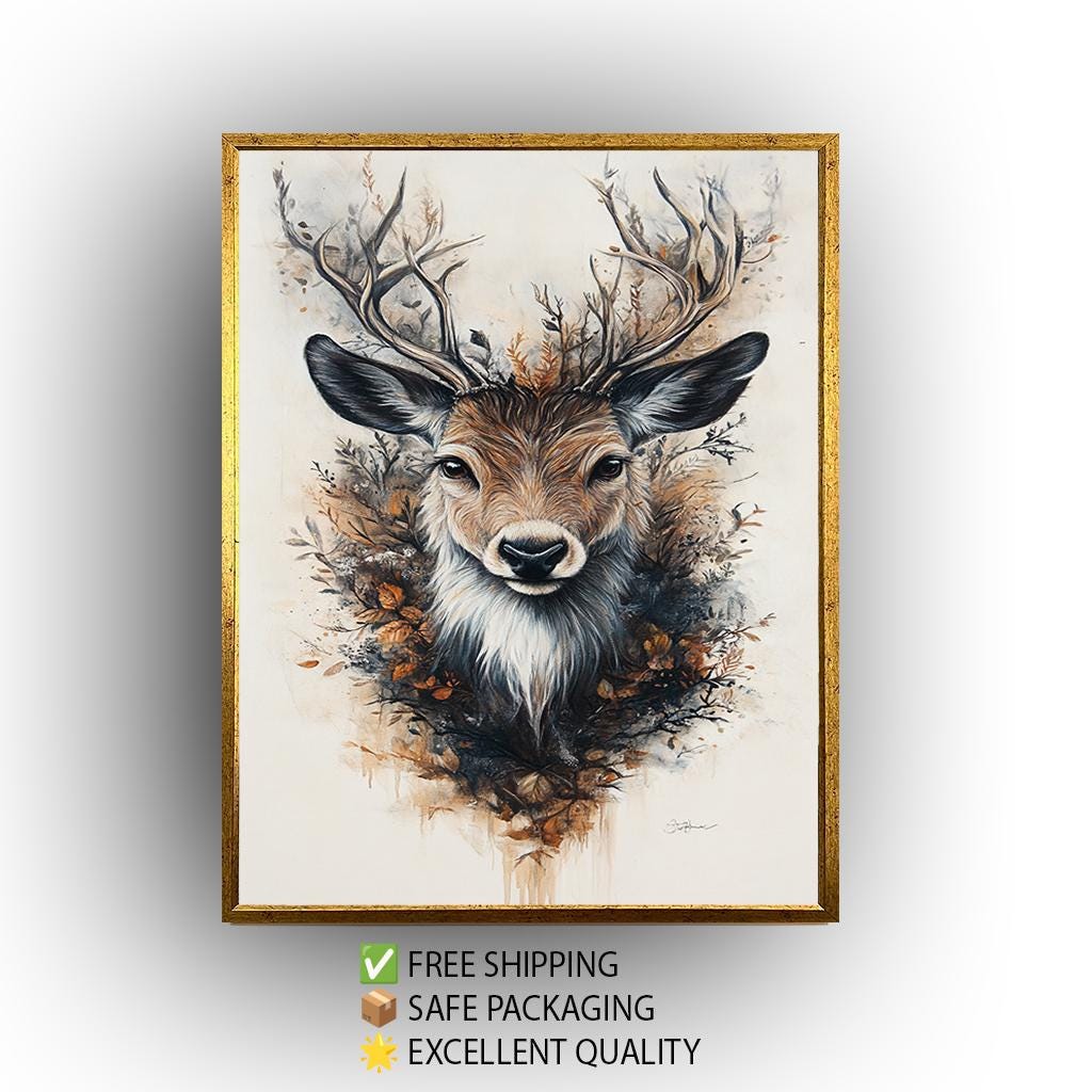 Autumn Deer Wall Art – Floral Antler Canvas | Rustic Woodland Botanical Print
