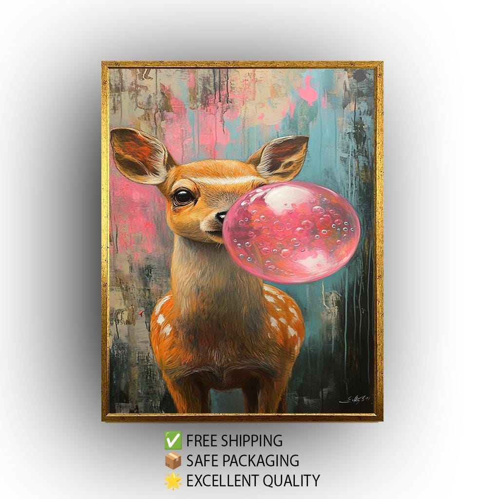 Deer Blowing Bubblegum Canvas – Cute Animal Nursery Wall Art with Colorful Grunge Background