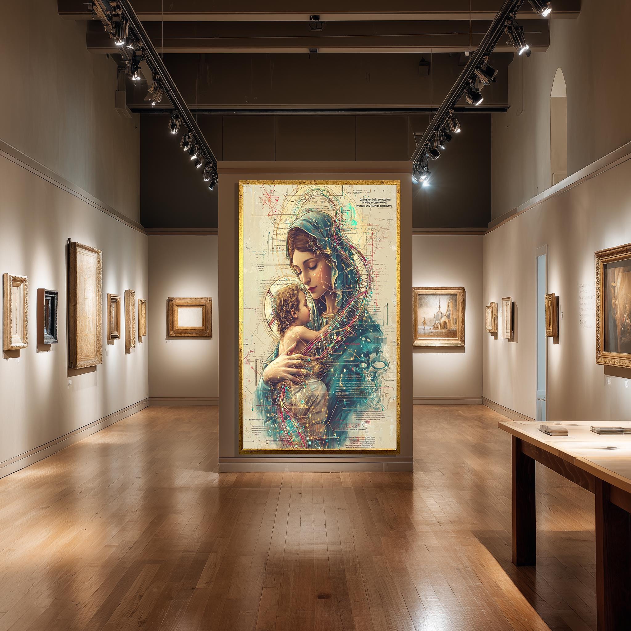 Mother and Child Canvas | Sacred Family Print - Virgin Mary Artwork with Double Helix Halo