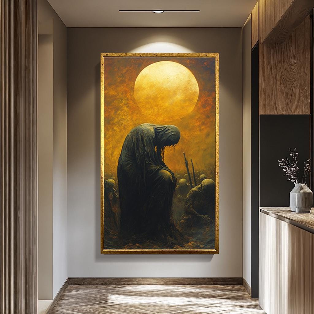 Dark Fantasy Canvas Print – Hooded Figure Artwork with Apocalyptic Skeleton Army & Golden Moon