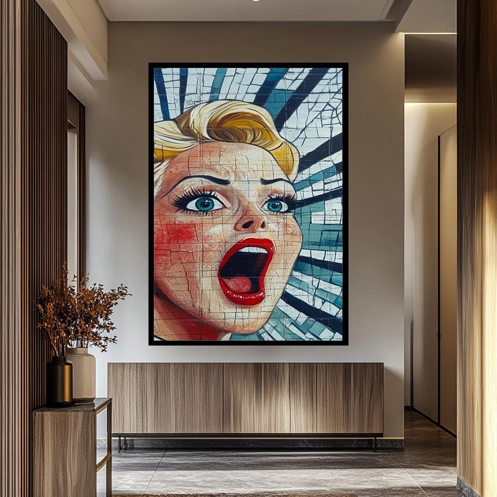 Pop Art Wall Art - Bold Wall Decor | Feminine Abstract Woman Portrait with Vintage Frame