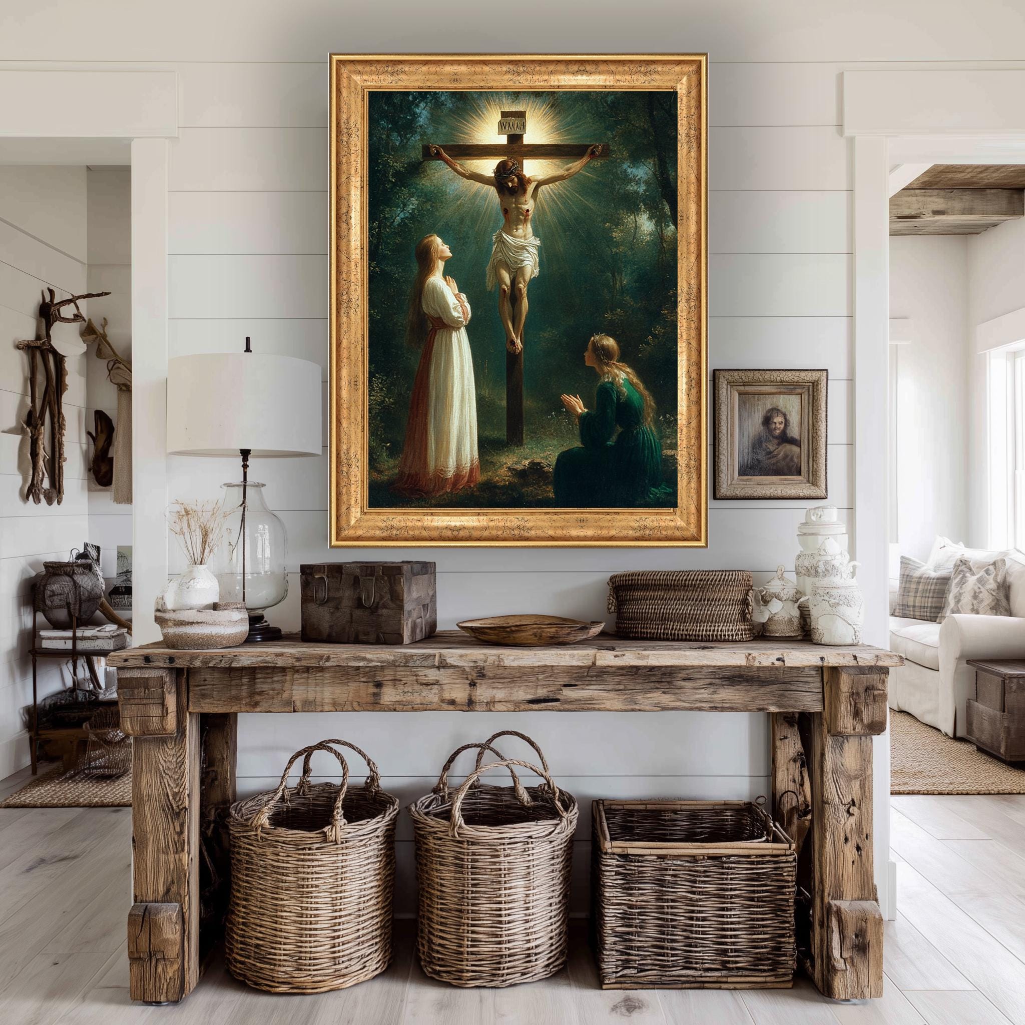 Jesus on the Cross Canvas | Christian Wall Art - Crucifixion Scene Print with Divine Light
