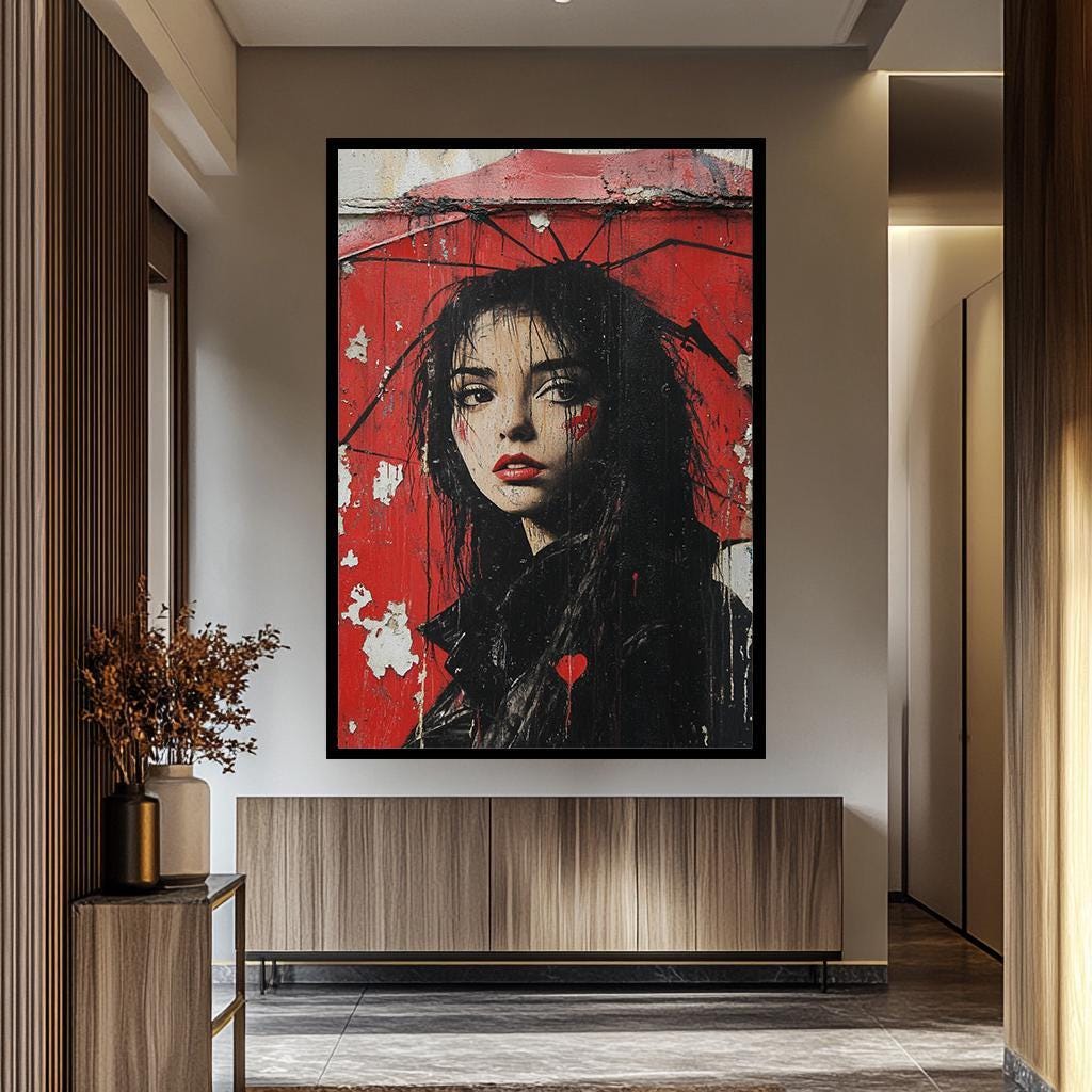 Urban Woman Wall Art - Graffiti Wall Art Portrait Canvas Print with Red Umbrella