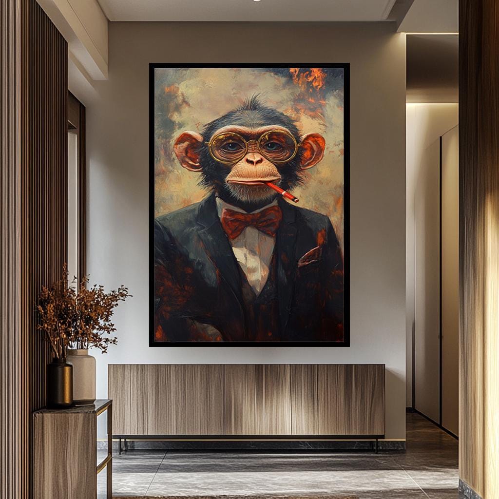 Monkey Wall Art – Vintage Animal Portrait Canvas Featuring Smoking Chimpanzee Print