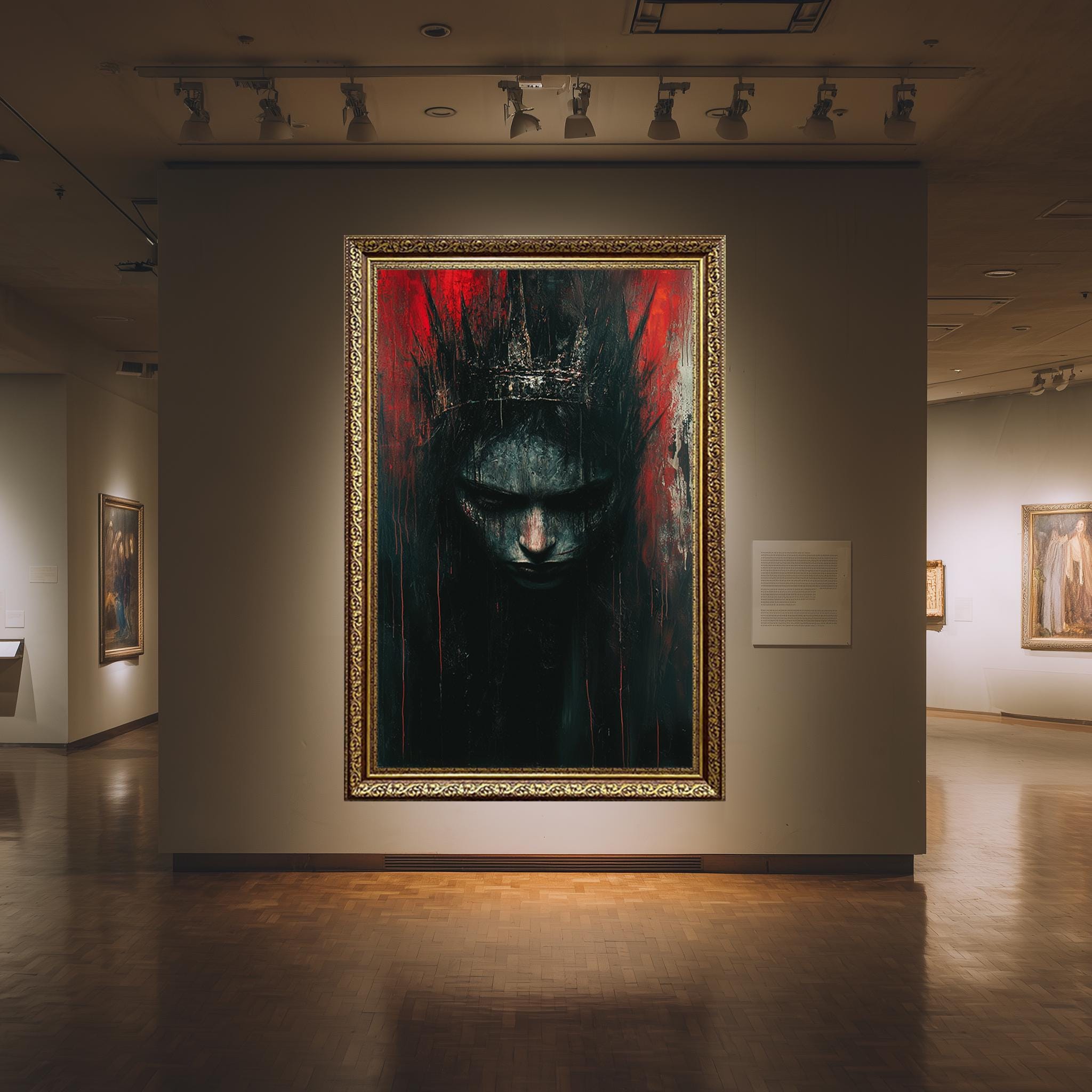 Dark Gothic Queen Canvas | Moody Gothic Wall Art With Fantasy Crown And Abstract Red Black