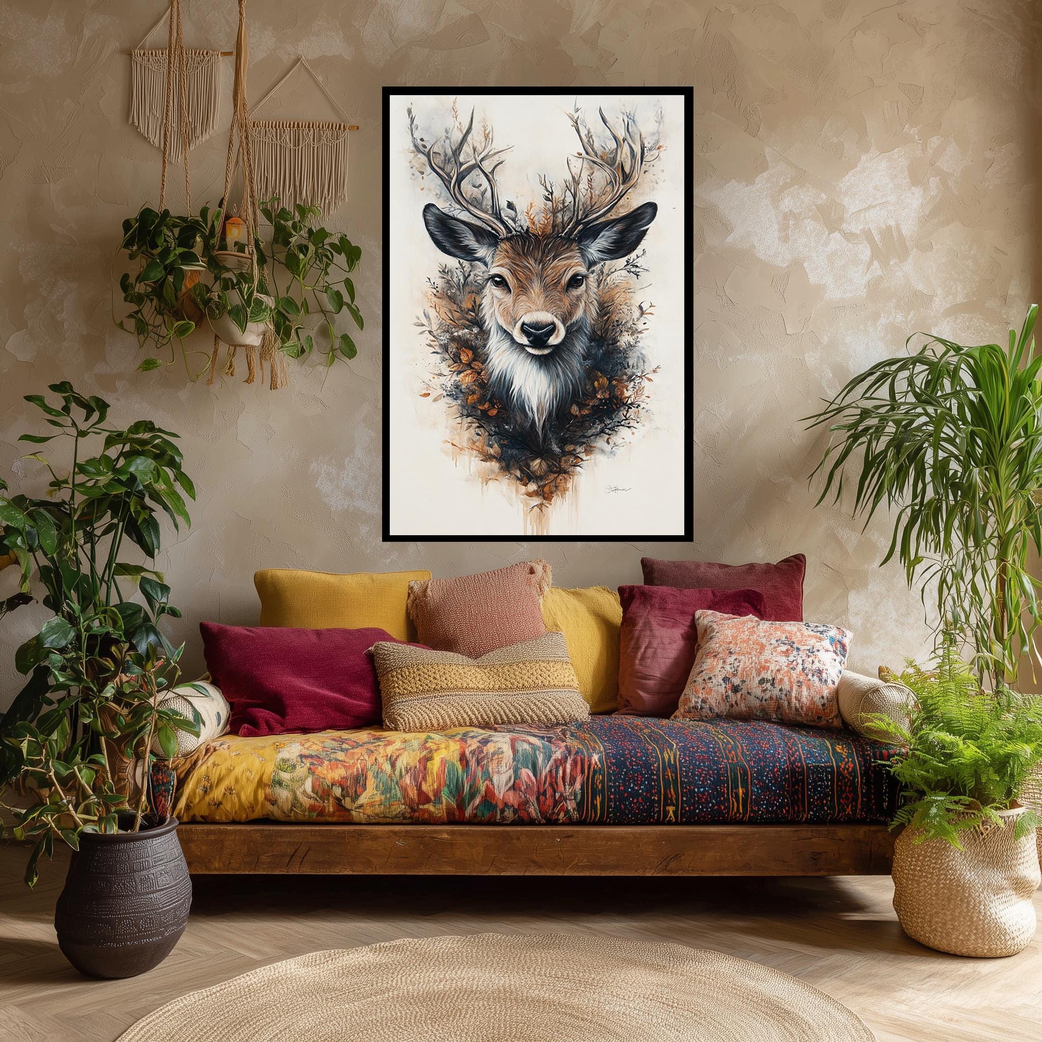 Autumn Deer Wall Art – Floral Antler Canvas | Rustic Woodland Botanical Print