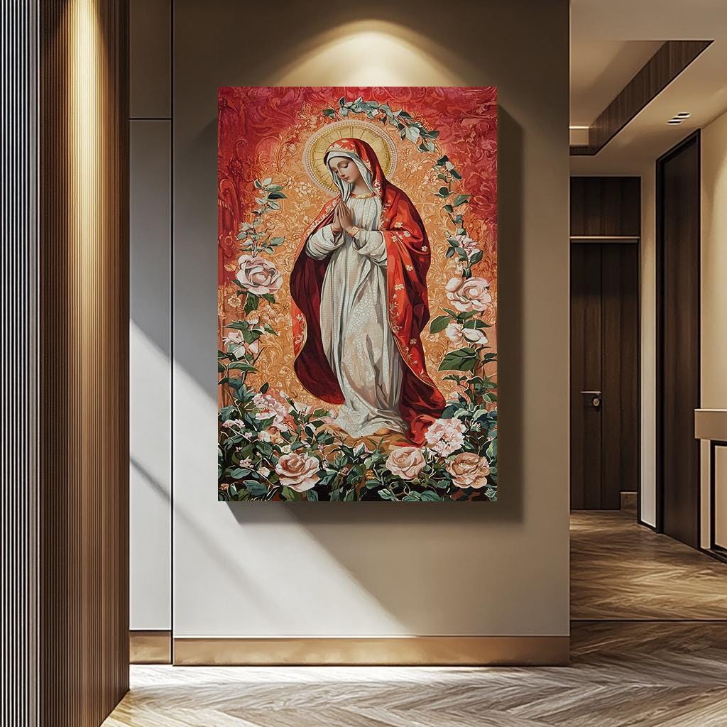 Virgin Mary Wall Art – Traditional Catholic Painting | Rose Garden Decor Canvas