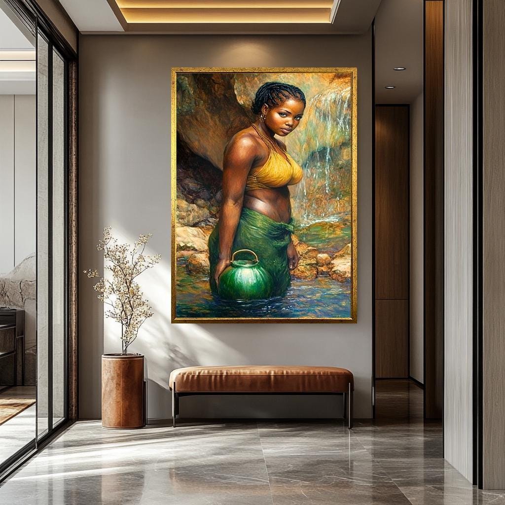 African Women Wall Art - Realistic Female Portrait Painting | Elegant Black Woman Artwork