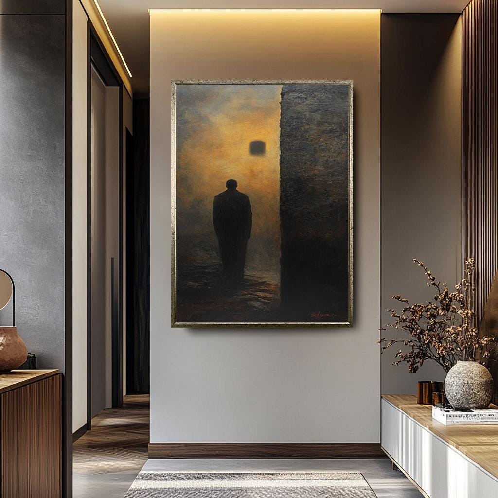 Mystery Shadow Man Canvas - Dark Surreal Print | Gothic Wall Art & Abstract Light Portal