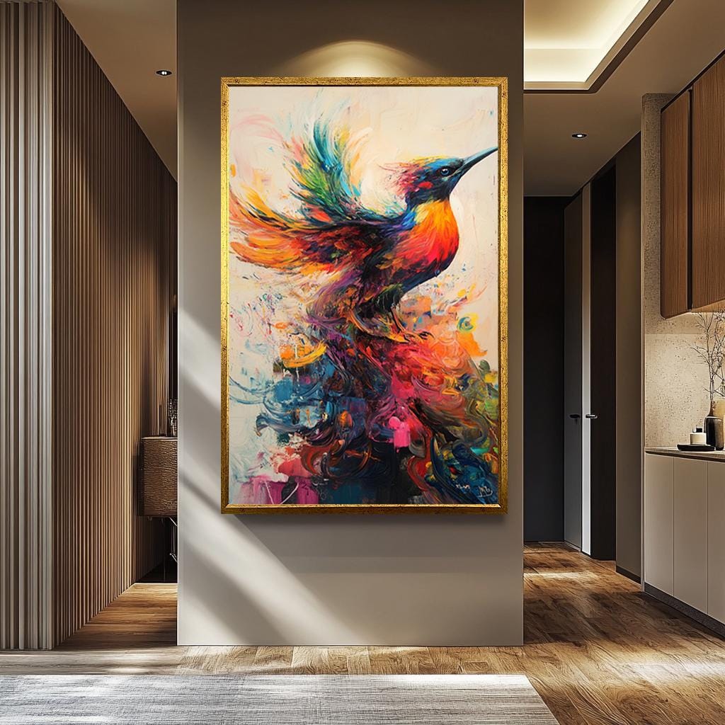 Colorful Bird Wall Art – Abstract Canvas Print With Vibrant Rainbow Painting