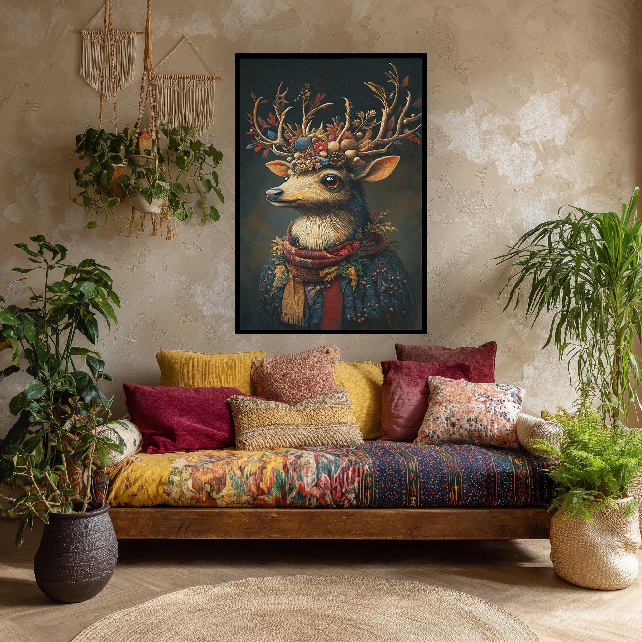 Rustic Deer Canvas Print – Floral Antler Crown Woodland Animal Art for Boho Cottagecore