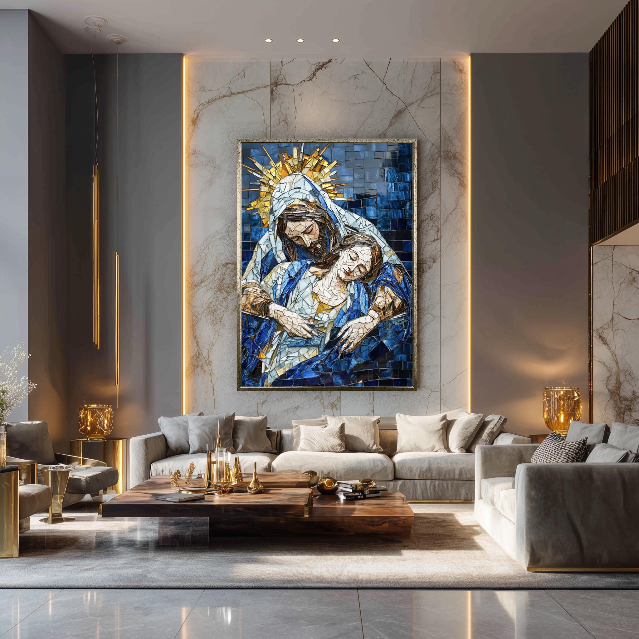 Byzantine Religious Canvas | Mosaic Style Pietà Print - Blue Gold Christian Wall Decor