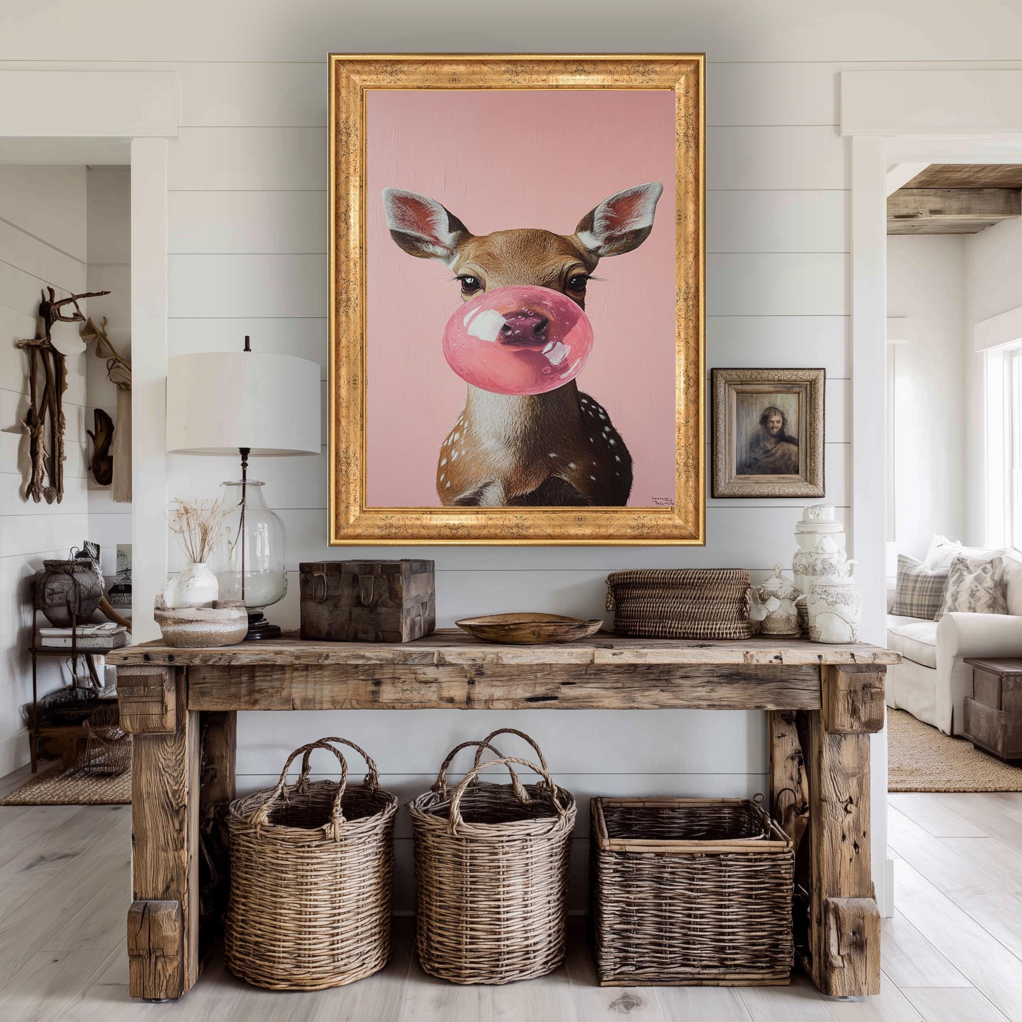 Deer Wall Art – Cute Bubble Gum Deer Print on Pink Nursery Canvas Decor