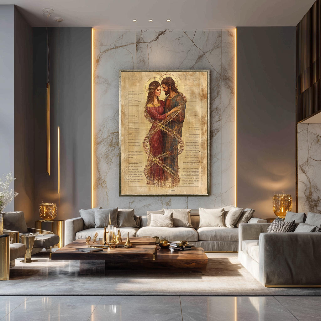 Sacred Lovers Canvas Print – Jesus Mary Magdalene Art | DNA Infinity Symbol Spiritual Wall Decor