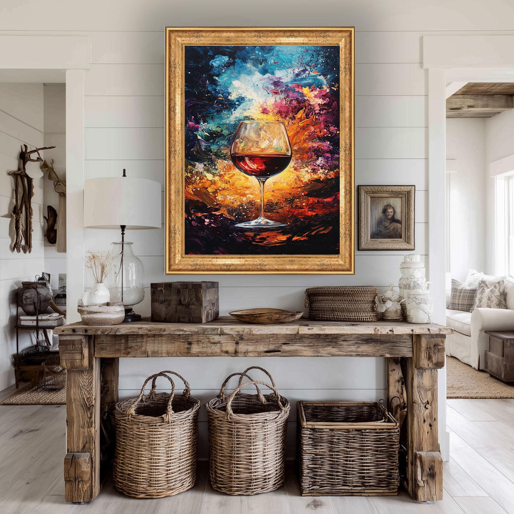 Red Wine Glass Canvas – Abstract Color Explosion Wall Art for Kitchen & Dining Room