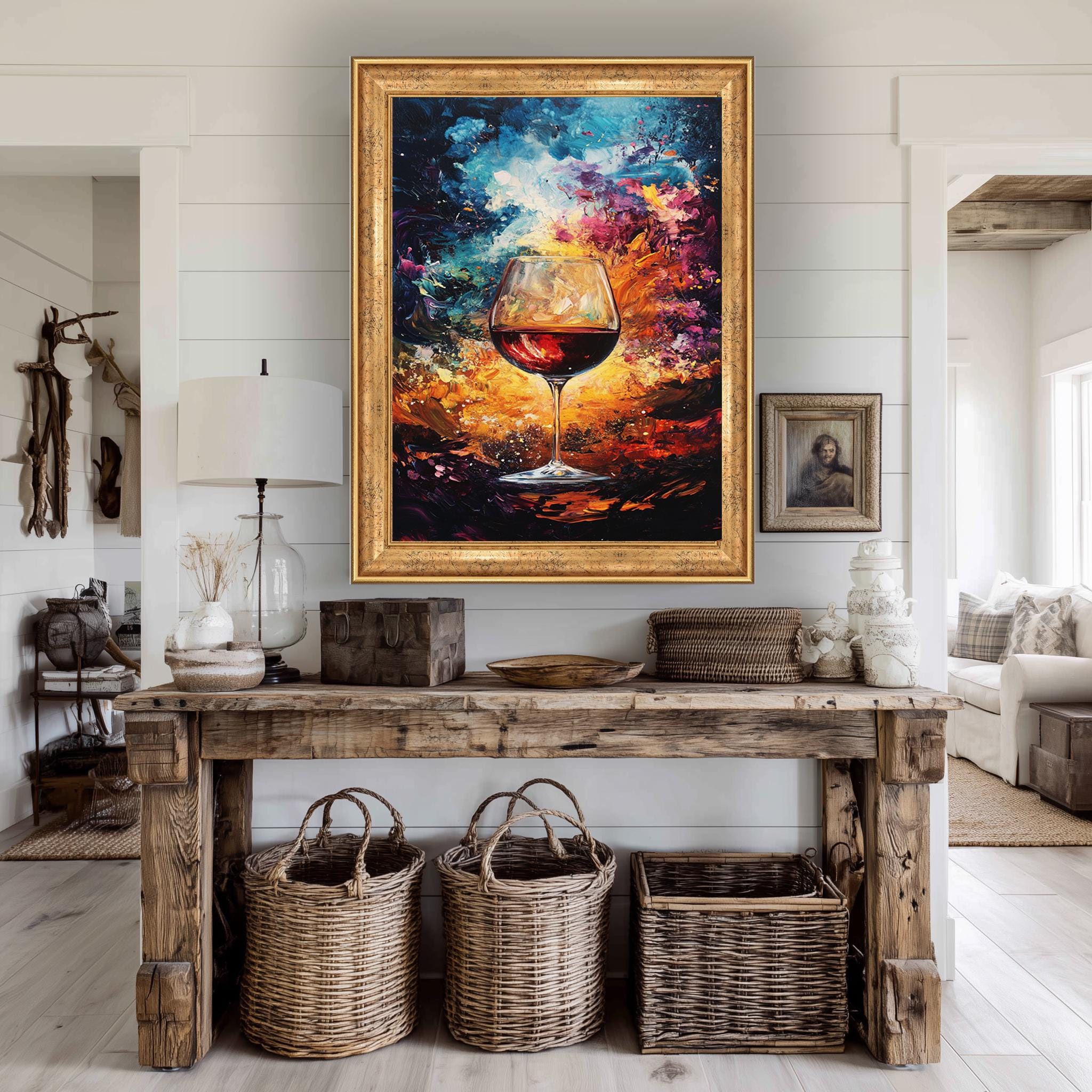 Red Wine Glass Canvas – Abstract Color Explosion Wall Art for Kitchen & Dining Room