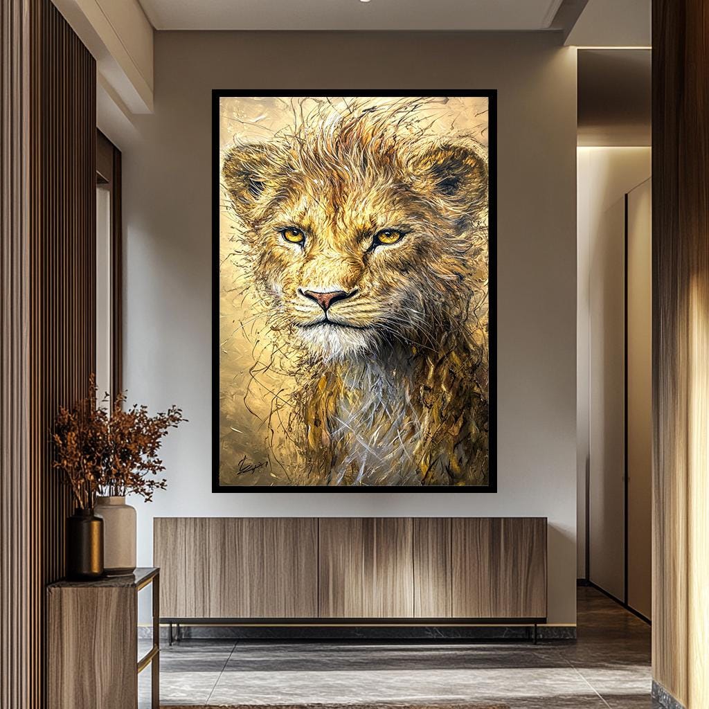 Golden Lion Cub Art – Luxury Wildlife Canvas Painting | Modern Lion Wall Decor