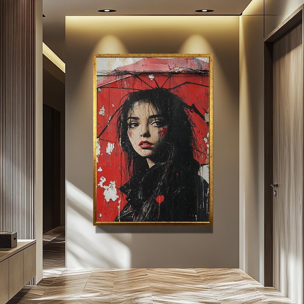 Urban Woman Wall Art - Graffiti Wall Art Portrait Canvas Print with Red Umbrella
