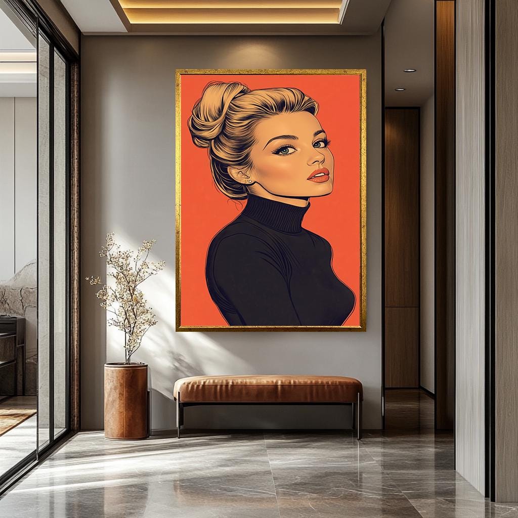 Pop Art Canvas Print – Blonde Woman Painting with Black Turtleneck & Bold Orange Background
