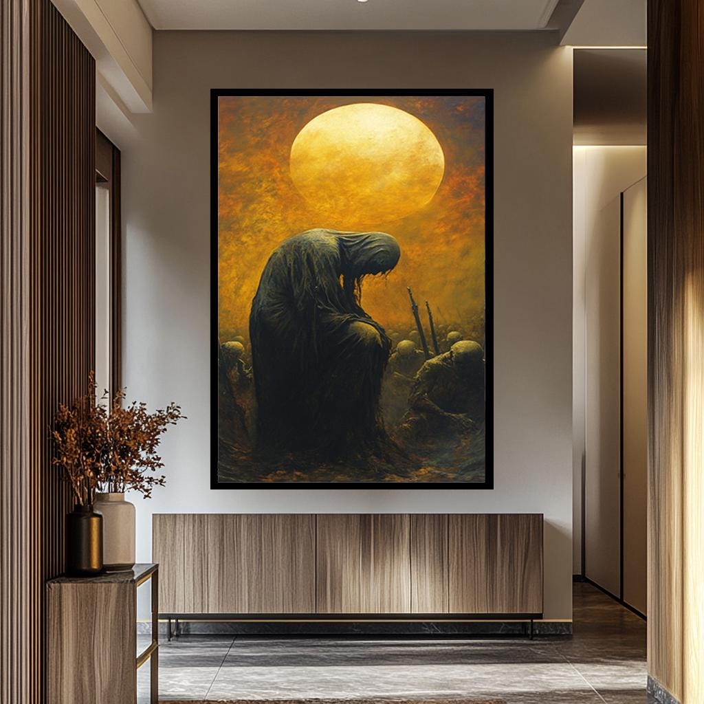 Dark Fantasy Canvas Print – Hooded Figure Artwork with Apocalyptic Skeleton Army & Golden Moon