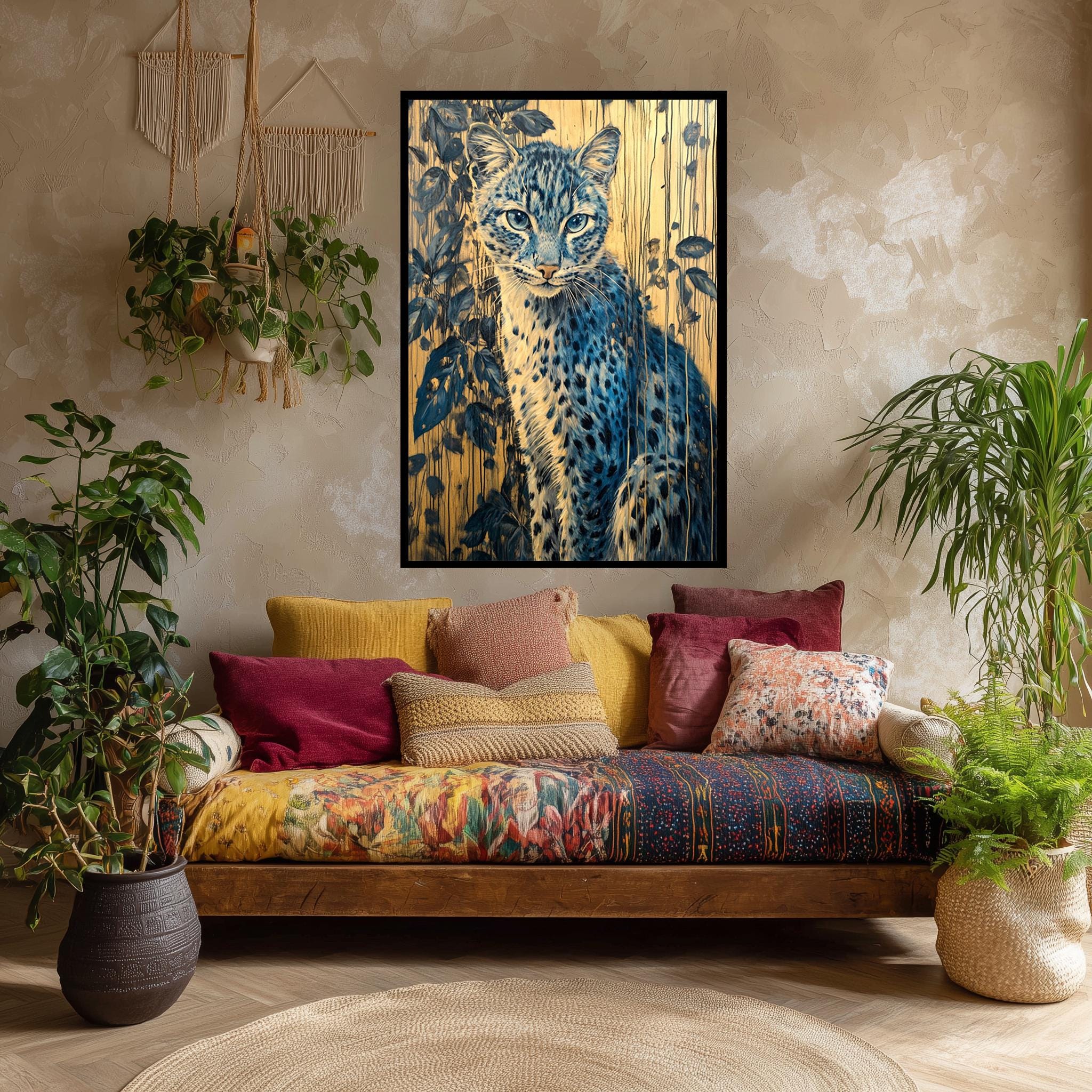 Blue Leopard Wall Art – Wildlife Canvas Print with Botanical Jungle Design