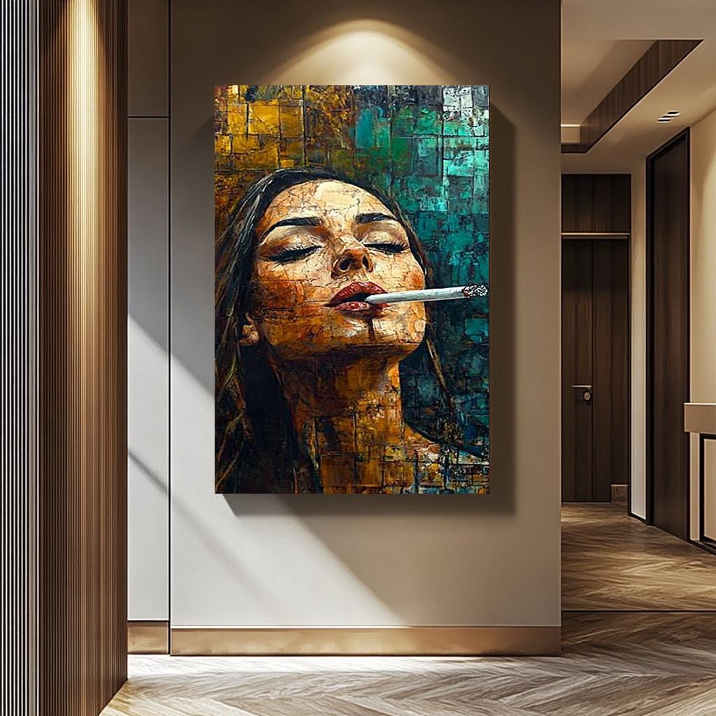 Abstract Woman Wall Art – Bold Feminine Canvas Print | Smoking Lady Modern Decor
