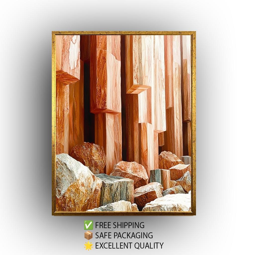 Natural Stone Wall Art – Geometric Rock Art Canvas Print in Warm Earth Tones