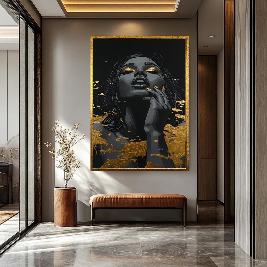 Women Wall Art | Black Gold Abstract Portrait Decor - Luxury Feminine Canvas